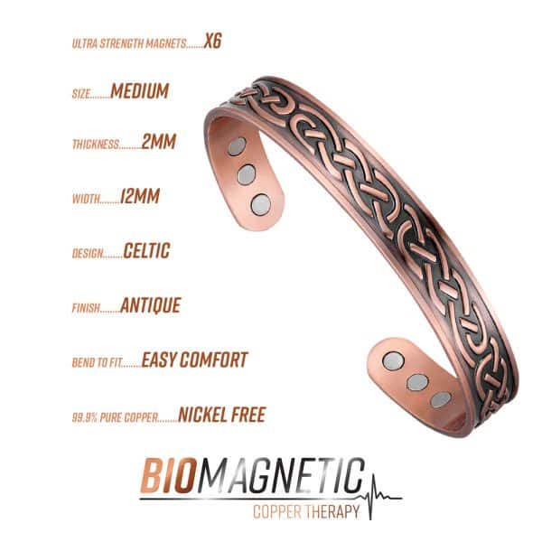 Platted Copper Therapy Bracelet with 6 Neodymium Magnets - Magnetic therapy M14 Copper Info