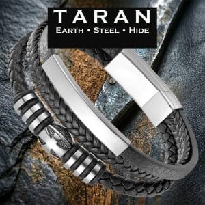 Men's black multi layer leather bracelet with steel ID plate, star bead charm and magnetic clasp — Taran-328