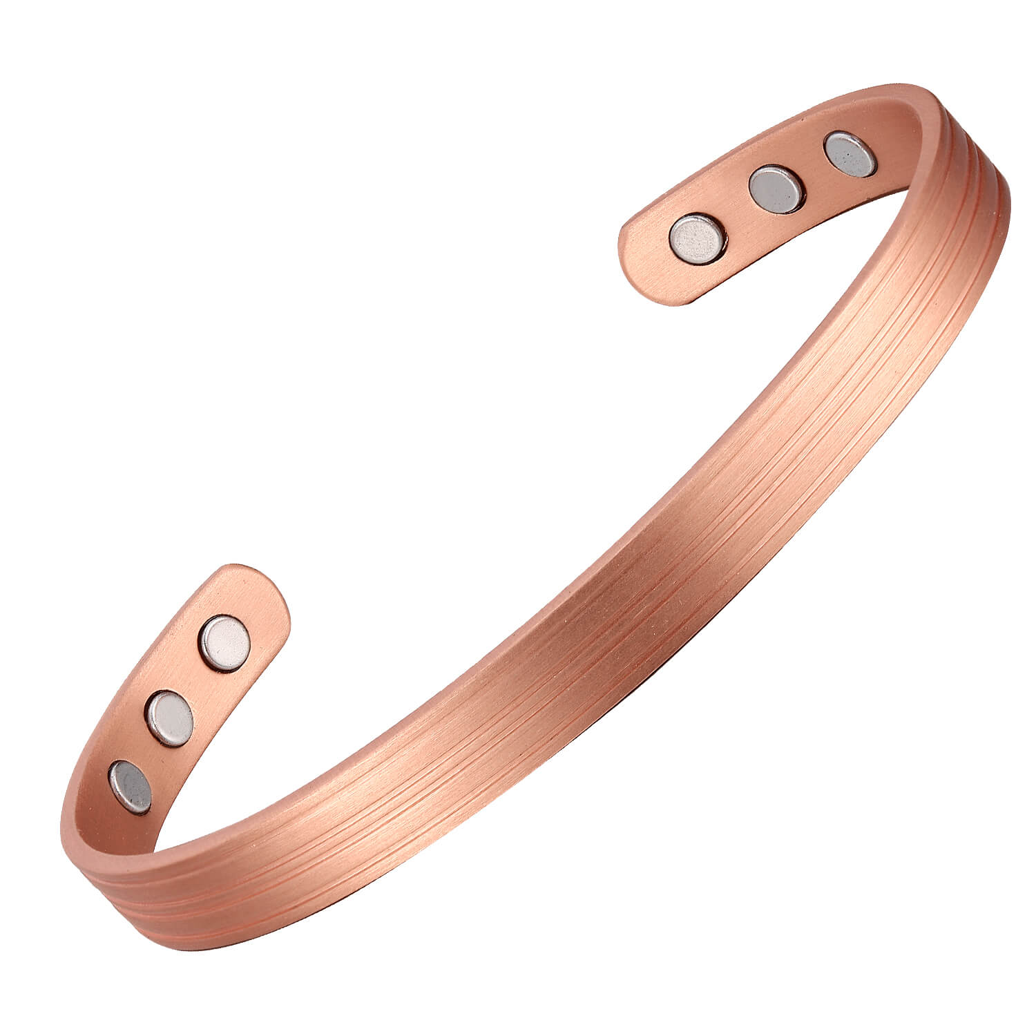 A close-up view of the classic magnetic copper therapy bracelet showcasing its minimalist, brushed copper finish with clean parallel grooves along the exterior and six circular, silver-colored therapy magnets embedded on the smooth inner surface of the open-cuff band.