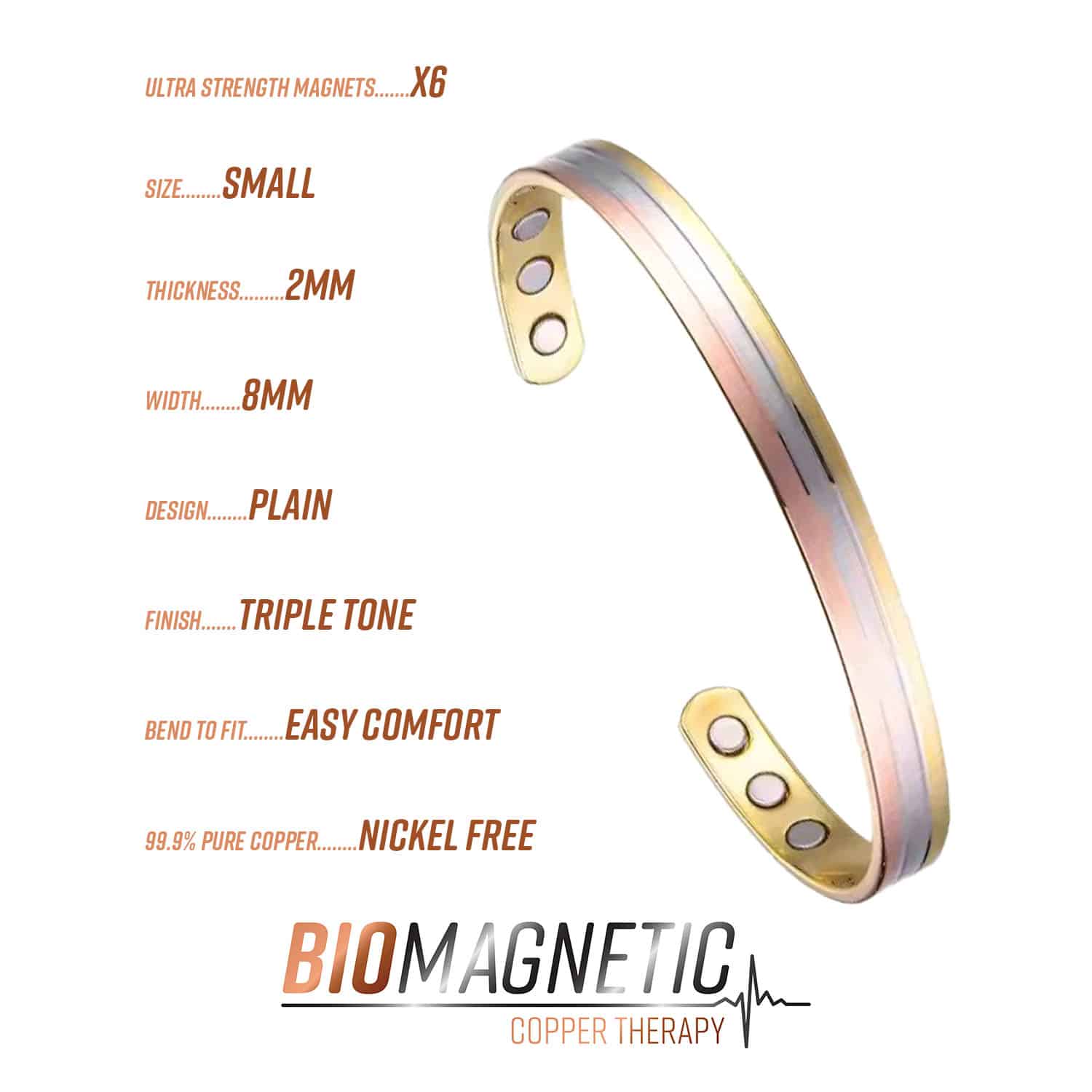 Three-Tone Magnetic Copper Therapy Bracelet for Pain Relief | Small Size - Image 2