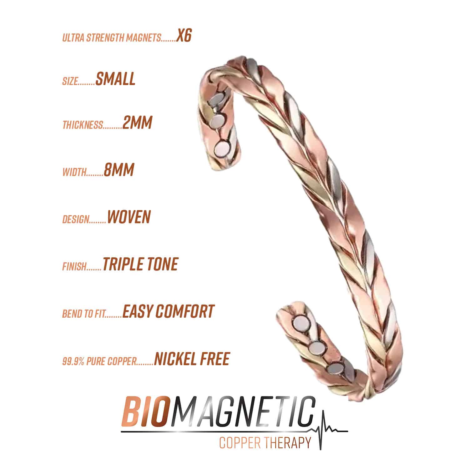 Three-Tone Twisted Magnetic Copper Therapy Bracelet for Pain Relief | Small Size - Image 2