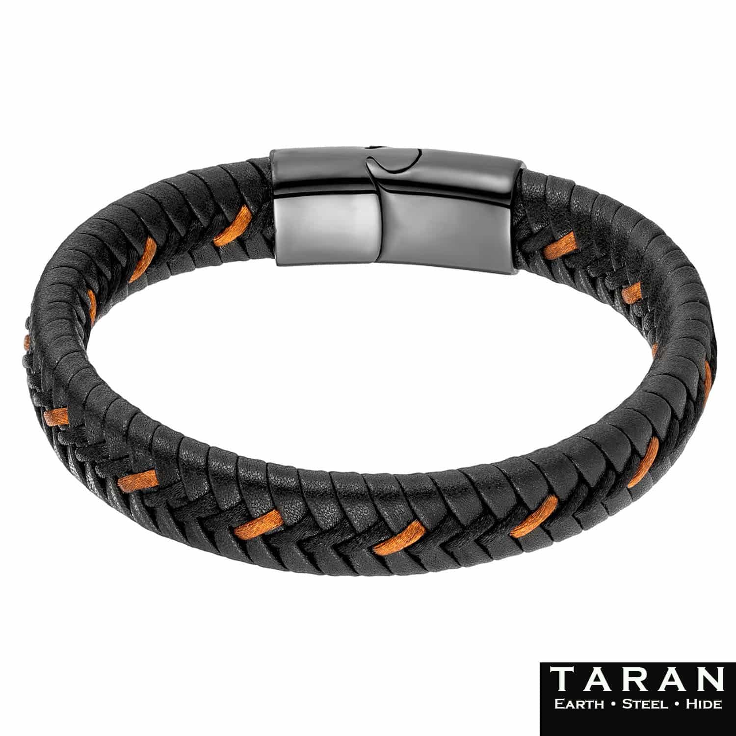 Taran Men's Braided Leather Bracelet - Black & Orange | Magnetic Clasp - Image 4