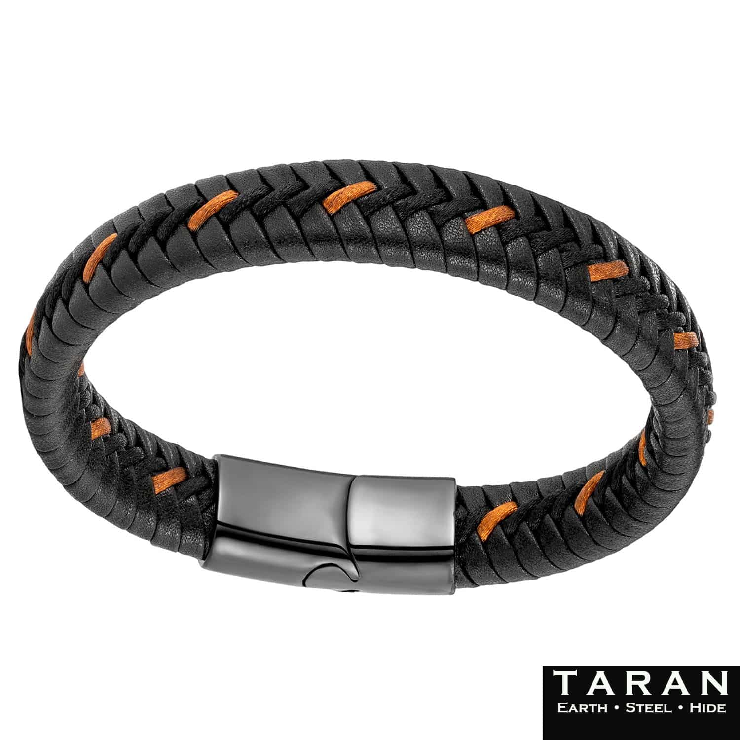 Taran Men's Braided Leather Bracelet - Black & Orange | Magnetic Clasp - Image 3