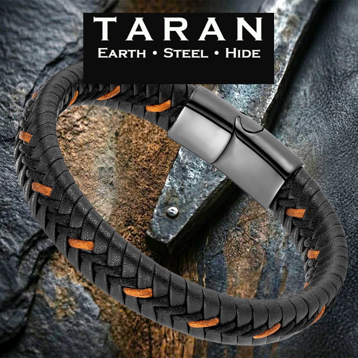 Men's black braided leather bracelet with orange contrast weave and gunmetal magnetic clasp Taran - 170