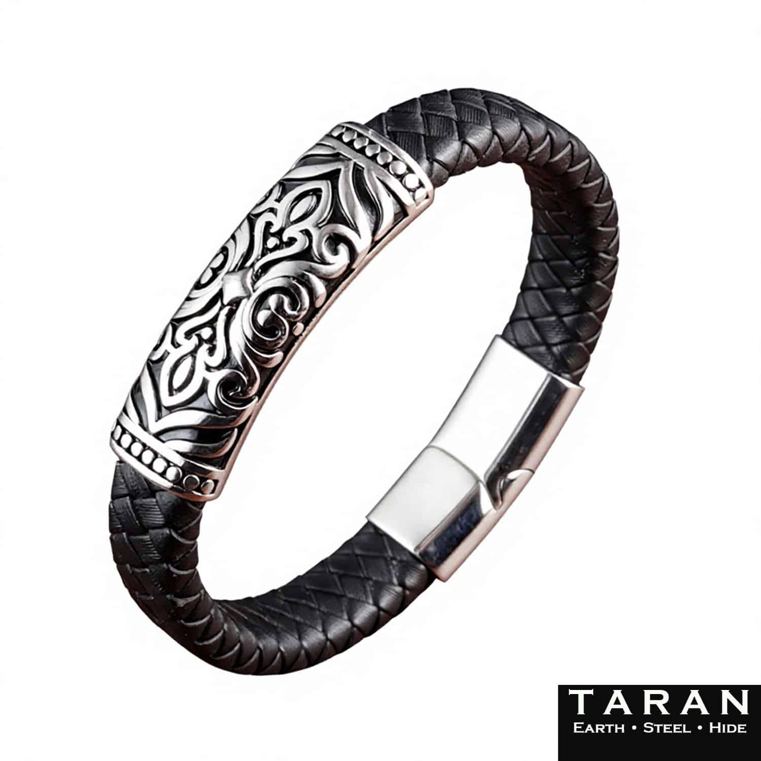 Men's Black Leather Bracelet | Celtic Totem Plate | Taran - Image 2