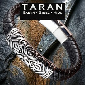 Men's black braided leather bracelet with engraved Celtic totem stainless steel plate and magnetic clasp — Taran-202