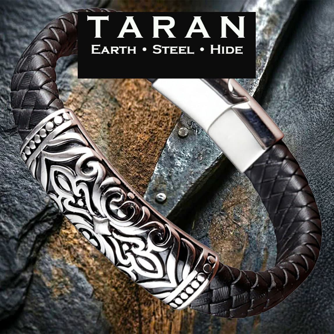 Men's black braided leather bracelet with engraved Celtic totem stainless steel plate and magnetic clasp — Taran-202