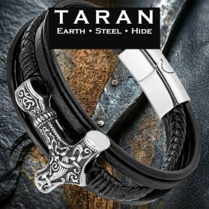 Men's black multi strand leather bracelet with engraved Thor's hammer Mjolnir charm and magnetic clasp Taran-207