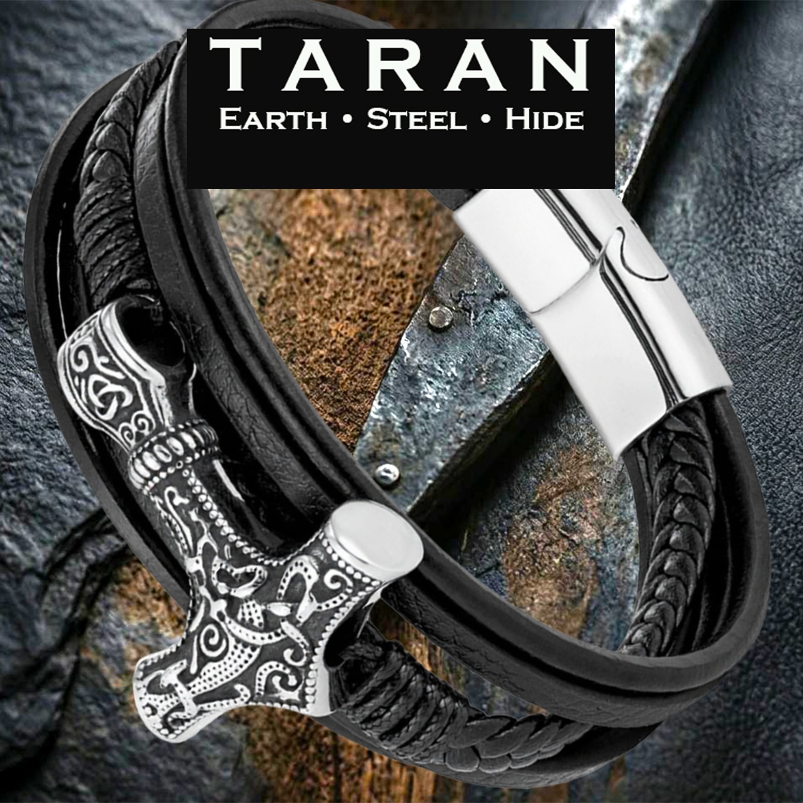 Men's black multi strand leather bracelet with engraved Thor's hammer Mjolnir charm and magnetic clasp Taran-207