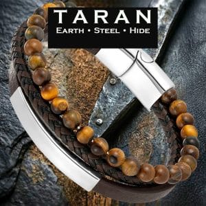 Men's brown multi strand leather bracelet with natural tiger eye stone beads and silver magnetic clasp Taran-210