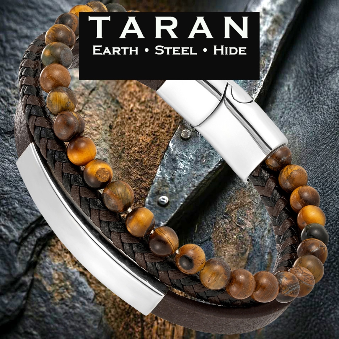 Men's brown multi strand leather bracelet with natural tiger eye stone beads and silver magnetic clasp Taran-210