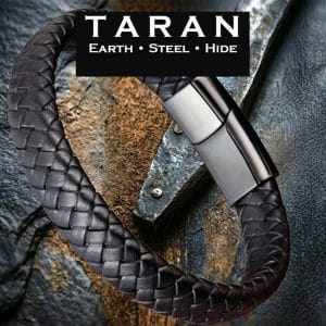 Men's black wide flat braided leather bracelet with gunmetal stainless steel magnetic clasp Taran-264