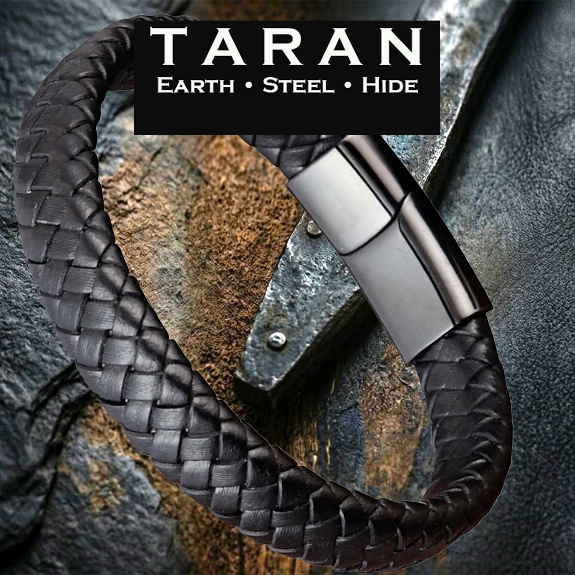 Men's black wide flat braided leather bracelet with gunmetal stainless steel magnetic clasp Taran-264