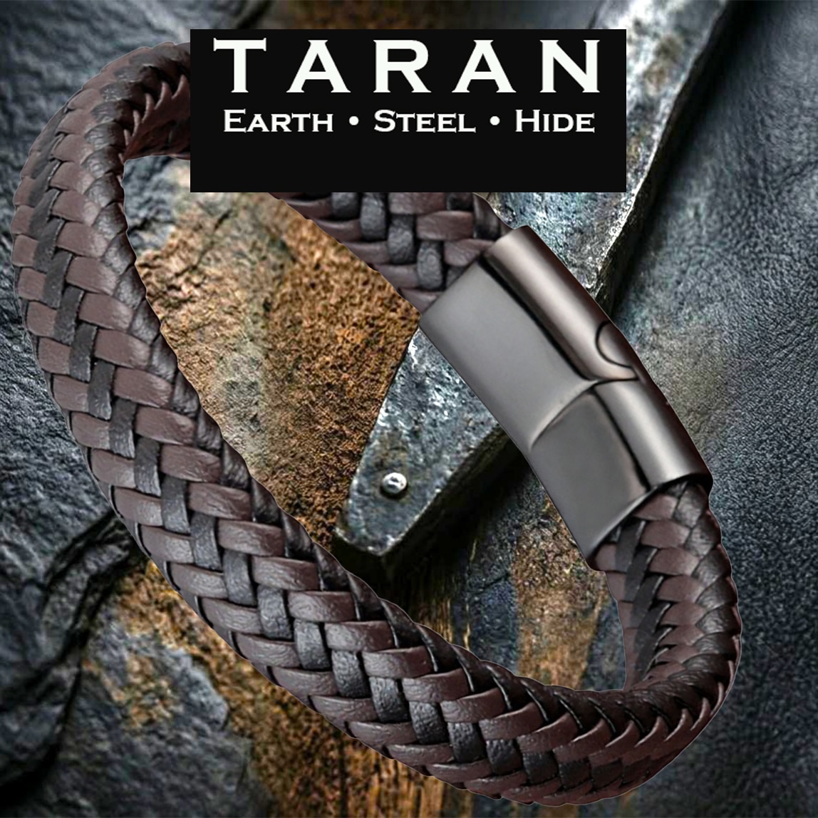 Men's brown and black two tone braided leather bracelet with gunmetal stainless steel magnetic clasp Taran-267