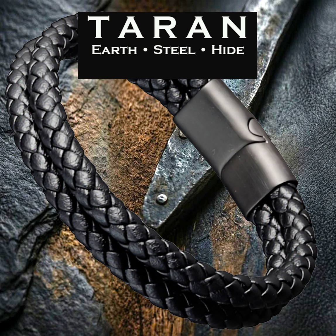 Men's black double rope braided leather bracelet with gunmetal magnetic clasp Taran Taran-302