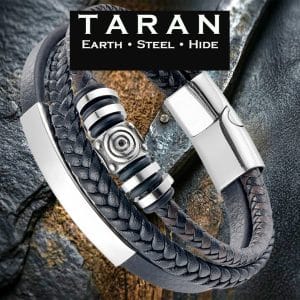 Men's black triple layer leather bracelet with stainless steel bead charm, ID plate and silver magnetic clasp — Taran-326
