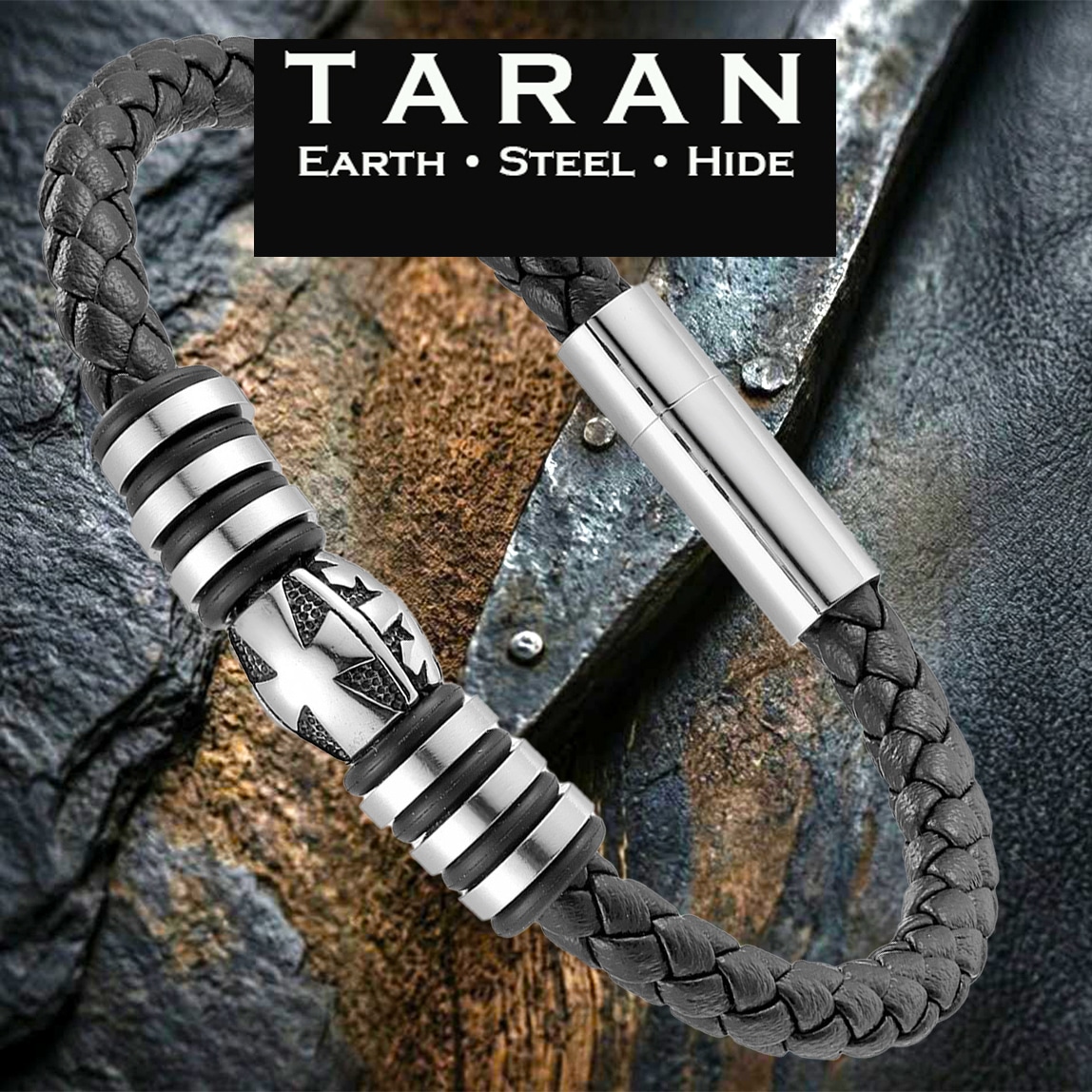 Men's black braided leather bracelet with engraved star bead charm and steel ring details and magnetic clasp Taran-327