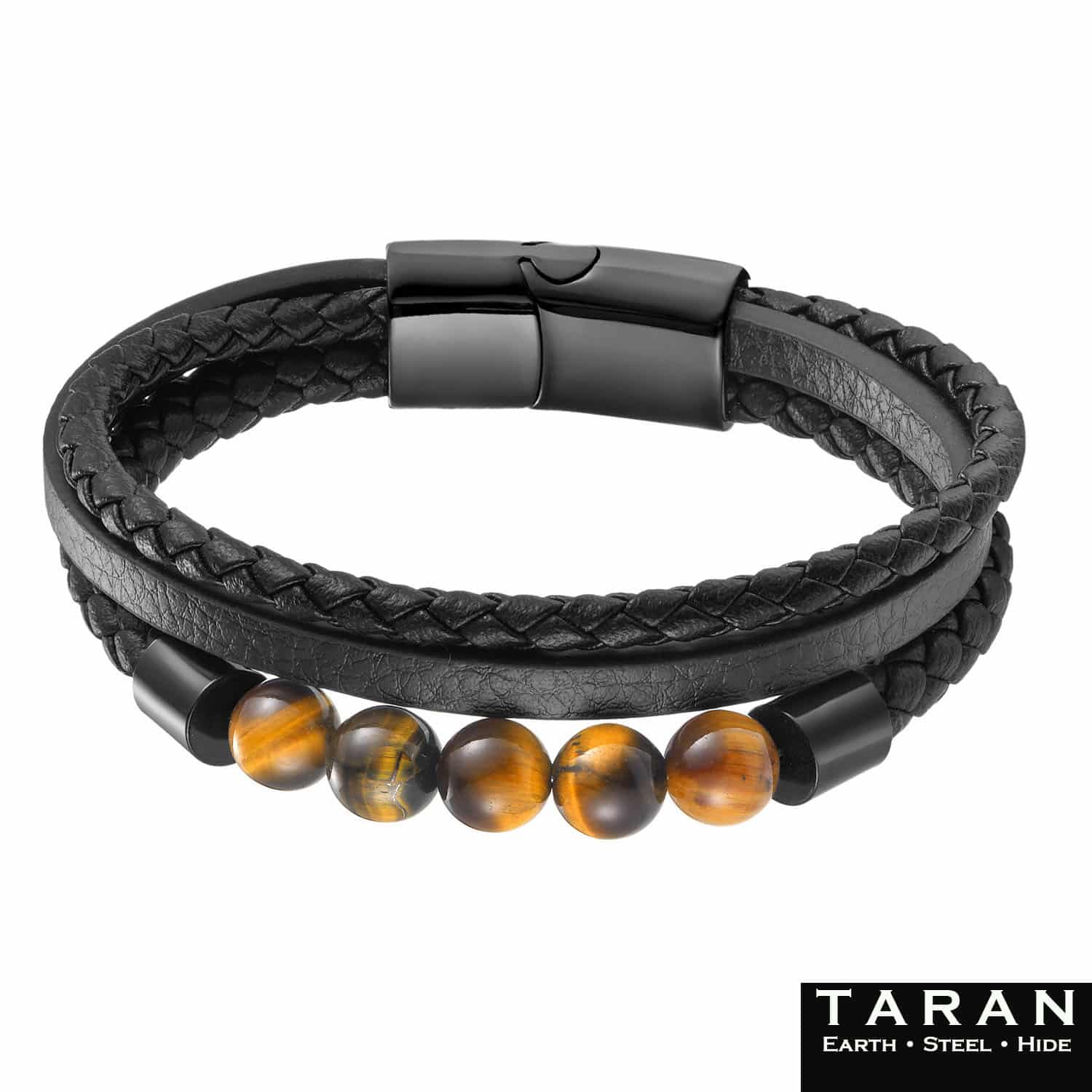 Men's Black Leather Bracelet | Tiger Eye Beads | Taran - Image 4