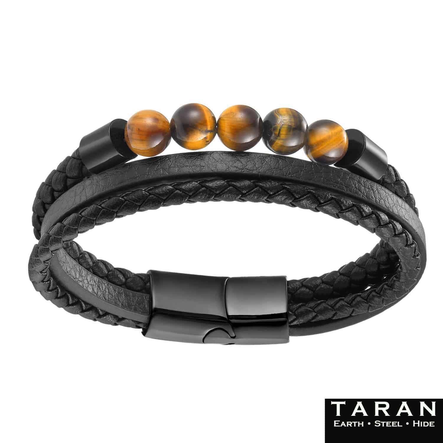 Men's Black Leather Bracelet | Tiger Eye Beads | Taran - Image 3
