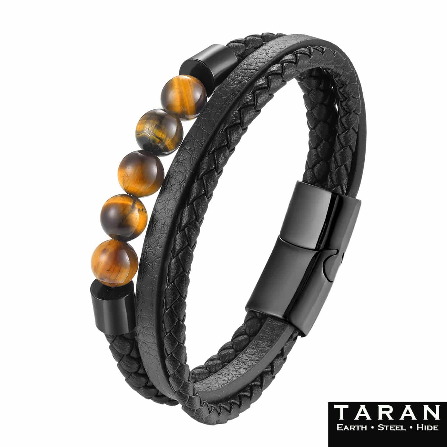 Men's Black Leather Bracelet | Tiger Eye Beads | Taran - Image 2