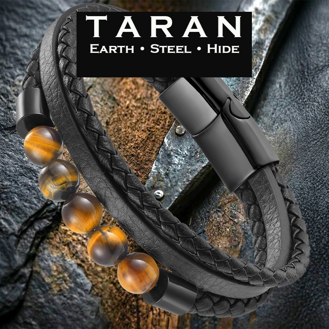 Men's black multi layer leather bracelet with natural tiger eye stone beads and gunmetal magnetic clasp Taran-336