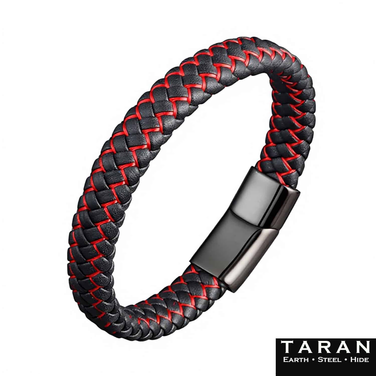 Men's Black & Red Braided Leather Bracelet | Taran - Image 2