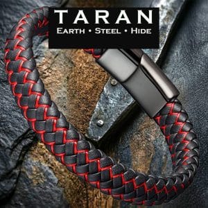 Men's black and red braided leather bracelet with red contrast weave and gunmetal stainless steel magnetic clasp Taran-356
