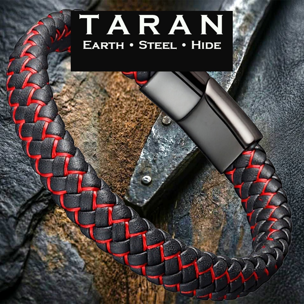Men's black and red braided leather bracelet with red contrast weave and gunmetal stainless steel magnetic clasp Taran-356