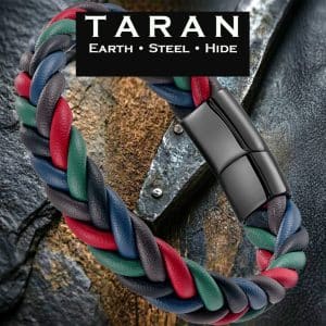 Men's multicolour braided leather bracelet in red blue green and black with gunmetal magnetic clasp Taran-360