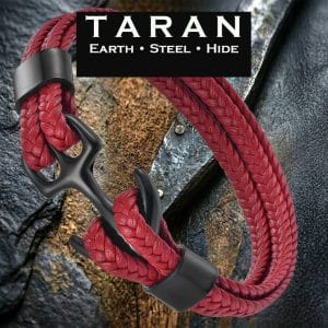 Men's red multi strand leather bracelet with black anchor clasp and magnetic fastening — Taran-370