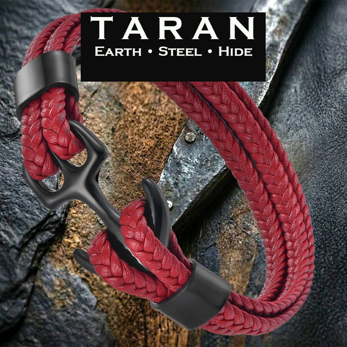 Men's red multi strand leather bracelet with black anchor clasp and magnetic fastening — Taran-370
