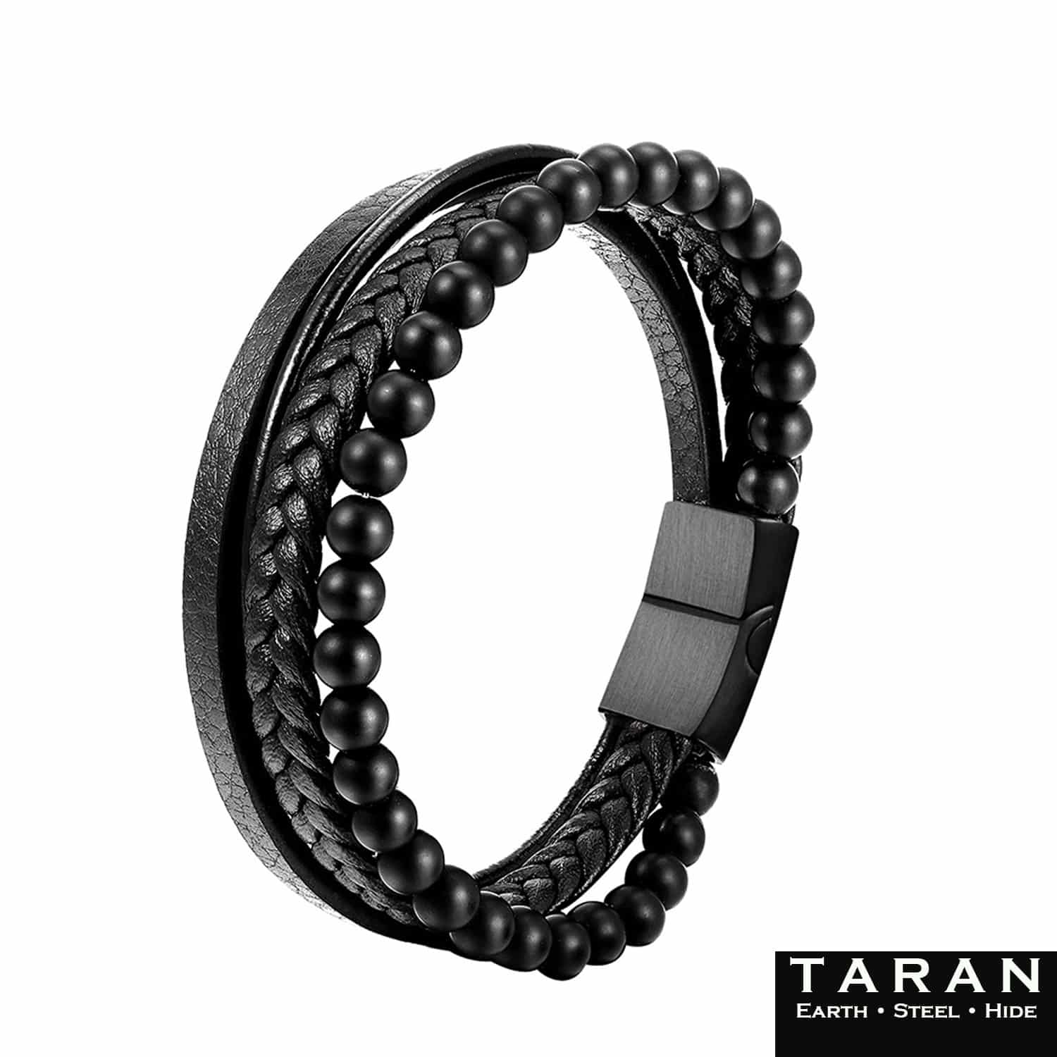 Men's Black Leather Bracelet | Onyx Stone Beads | Taran - Image 2