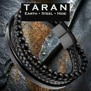 Men's black multi layer leather bracelet with matte black onyx stone beads and gunmetal magnetic clasp — Taran-371