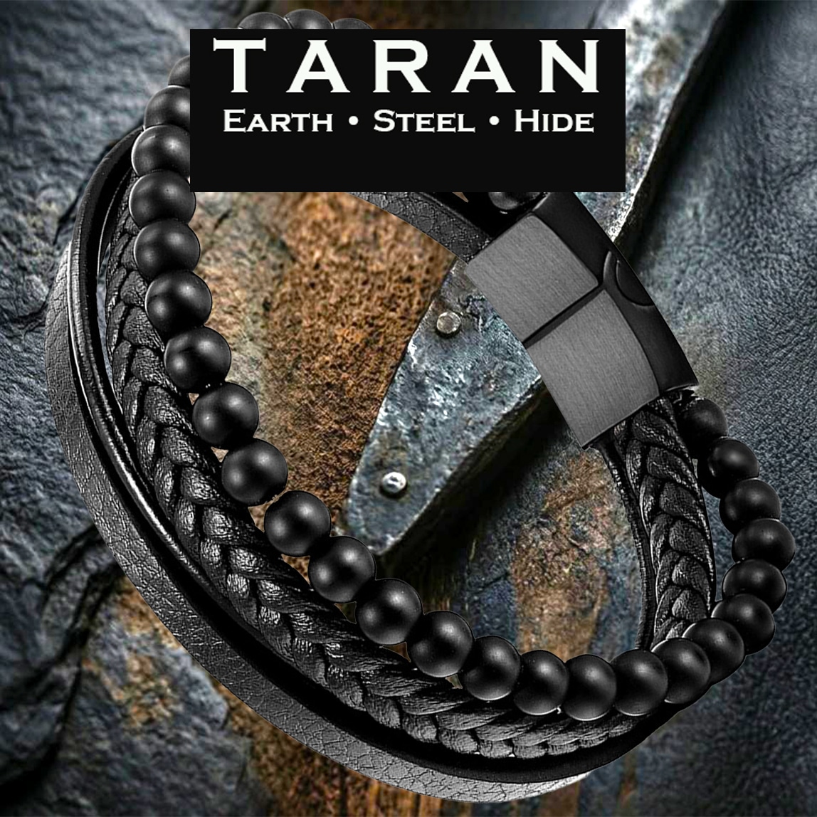 Men's black multi layer leather bracelet with matte black onyx stone beads and gunmetal magnetic clasp — Taran-371