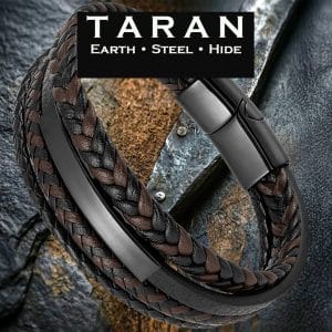 Men's brown and black multi layer leather bracelet with gunmetal ID plate and magnetic clasp Taran-381