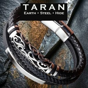 Men's black multi layer leather bracelet with ornate filigree scrollwork steel charm and magnetic clasp — Taran-384