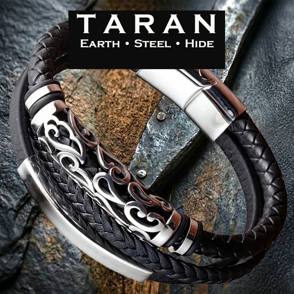 Men's black multi layer leather bracelet with ornate filigree scrollwork steel charm and magnetic clasp — Taran-384