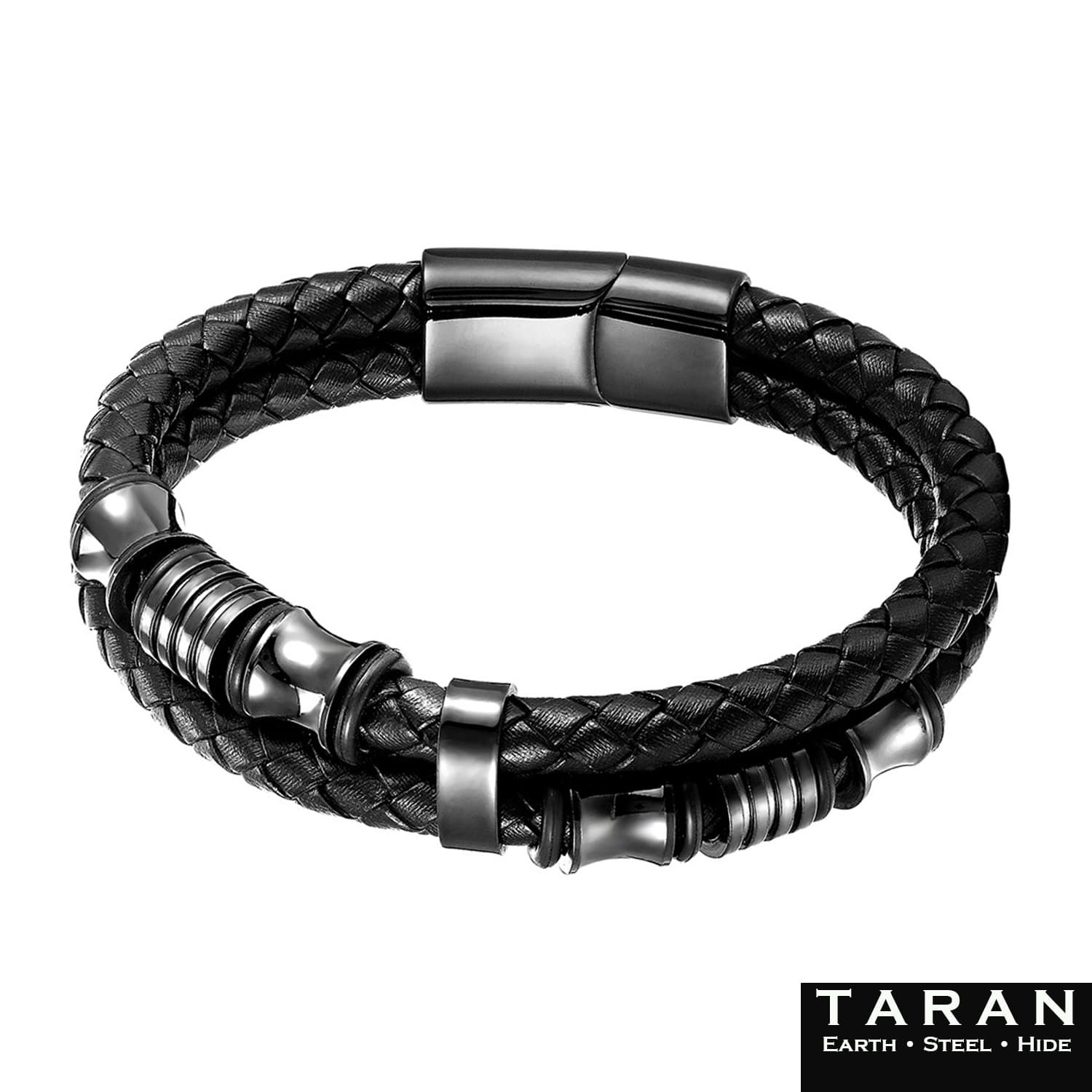Men's Black Double Strand Leather Bracelet | Steel Beads | Taran - Image 4