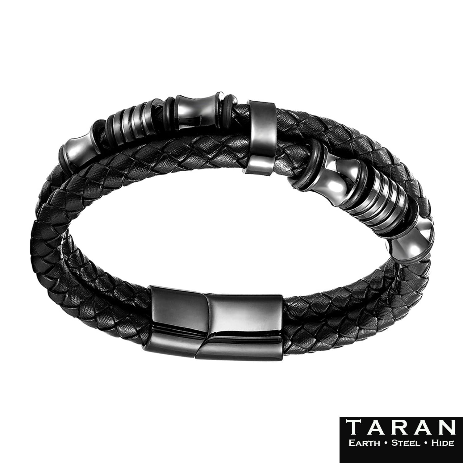 Men's Black Double Strand Leather Bracelet | Steel Beads | Taran - Image 3