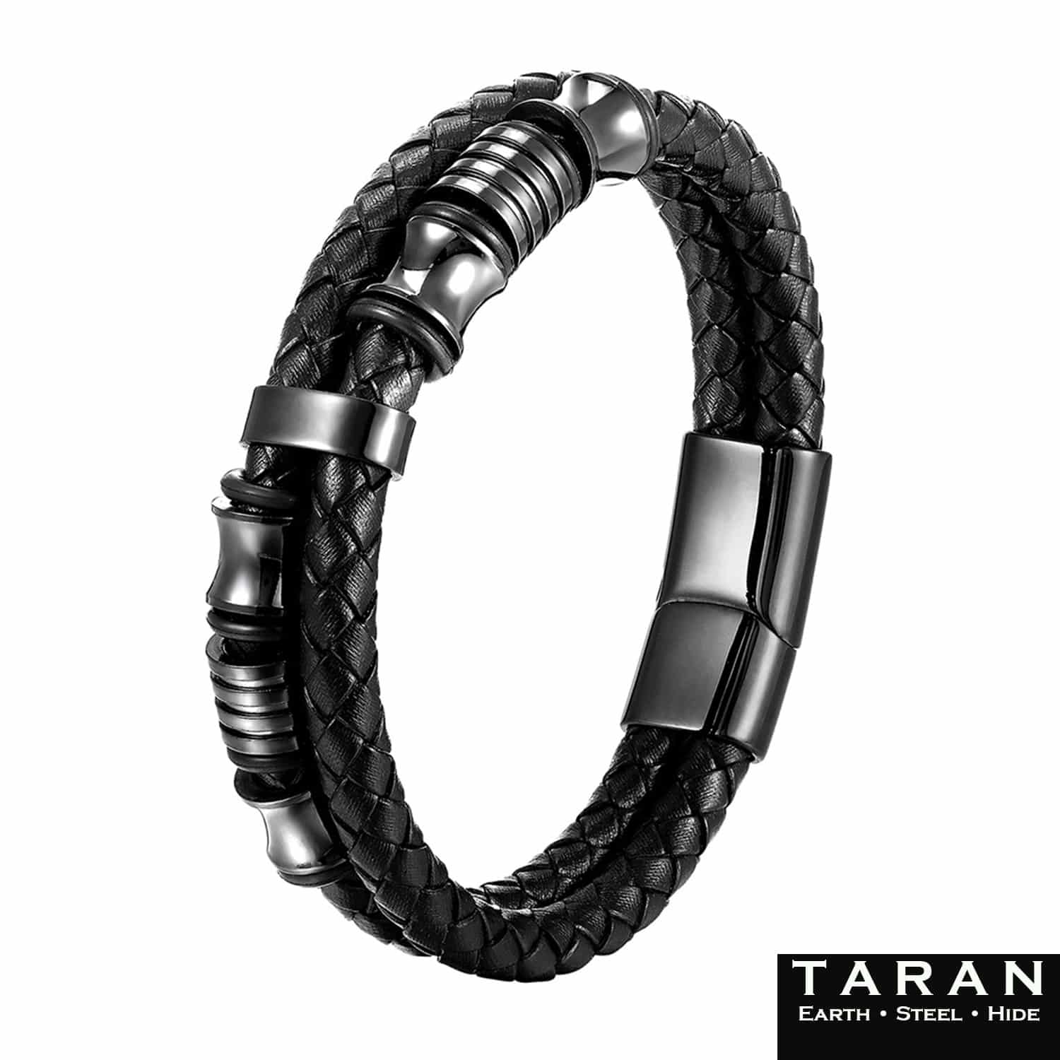 Men's Black Double Strand Leather Bracelet | Steel Beads | Taran - Image 2