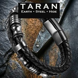 Men's black double strand leather bracelet with gunmetal steel bead charm and magnetic clasp Taran-440