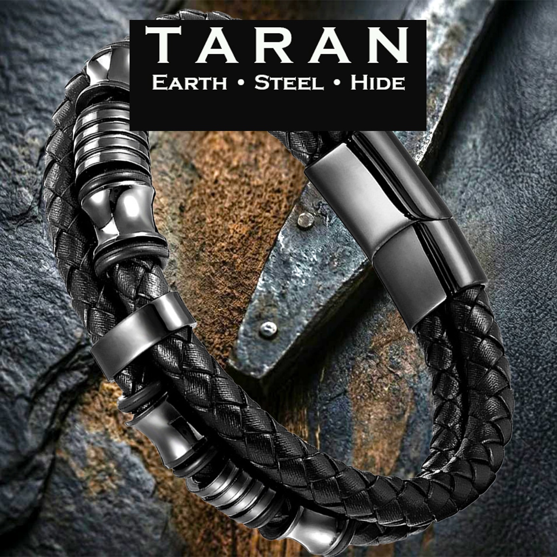 Men's black double strand leather bracelet with gunmetal steel bead charm and magnetic clasp Taran-440