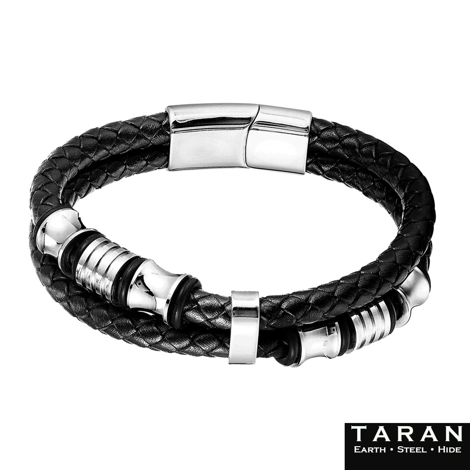 Men's Black Leather Bracelet | Silver Steel Beads | Taran - Image 3