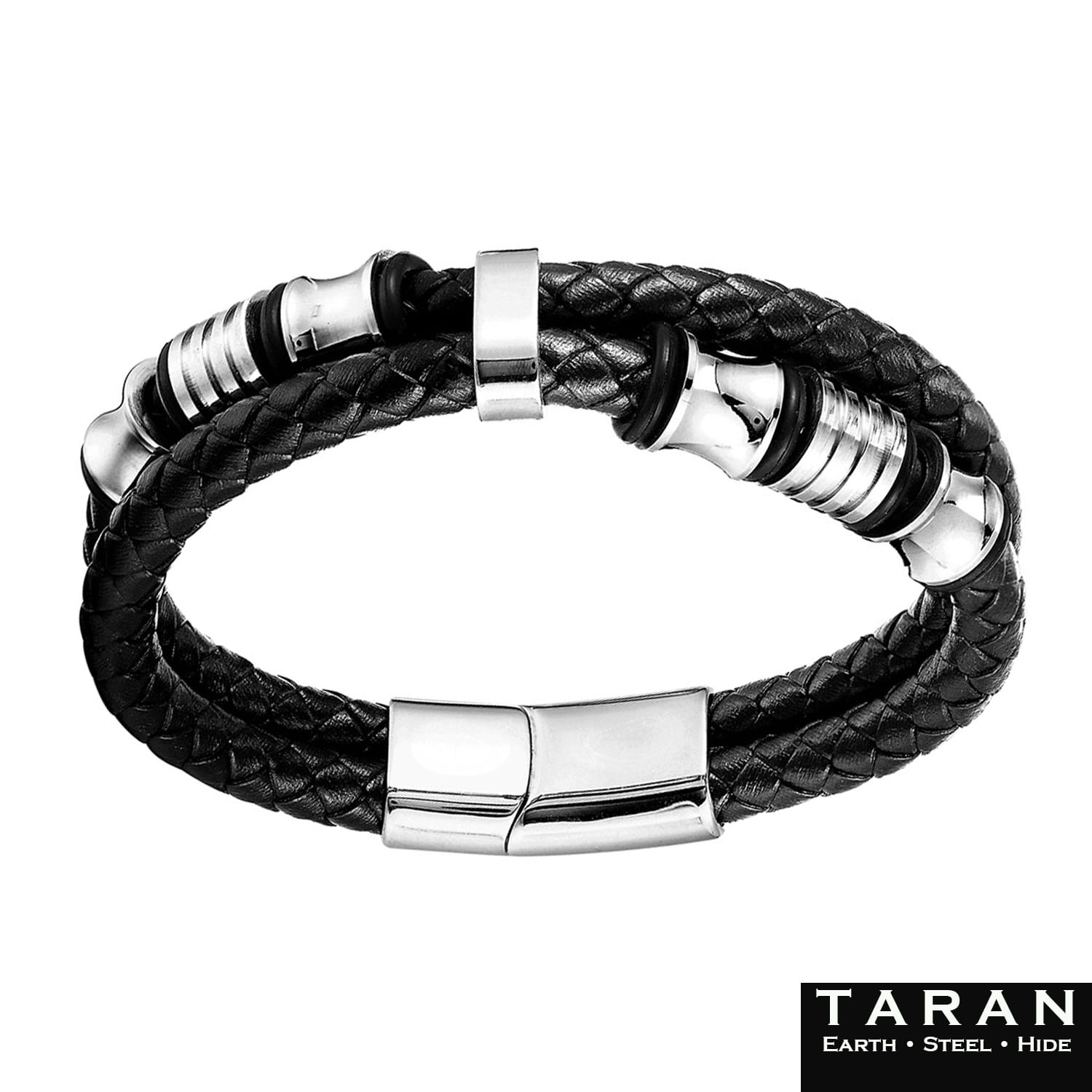 Men's Black Leather Bracelet | Silver Steel Beads | Taran - Image 4