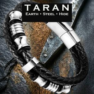 Men's black double strand leather bracelet with polished silver steel bead charm and magnetic clasp Taran-440