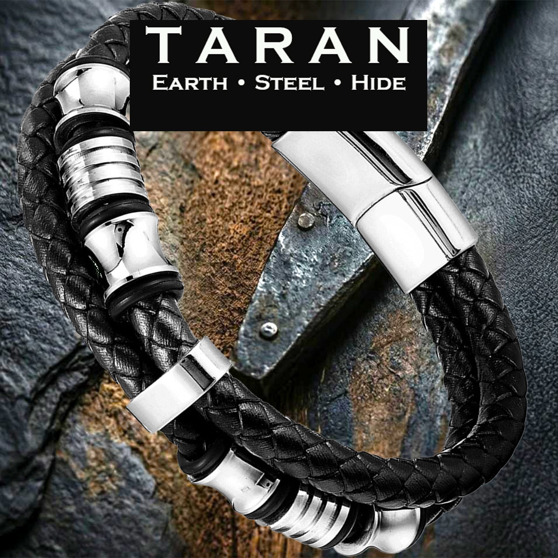 Men's black double strand leather bracelet with polished silver steel bead charm and magnetic clasp Taran-440