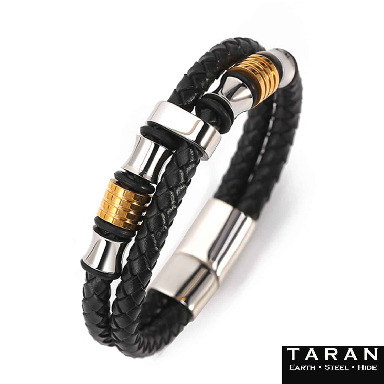 Men's Black Leather Bracelet | Gold & Silver Beads | Taran - Image 2