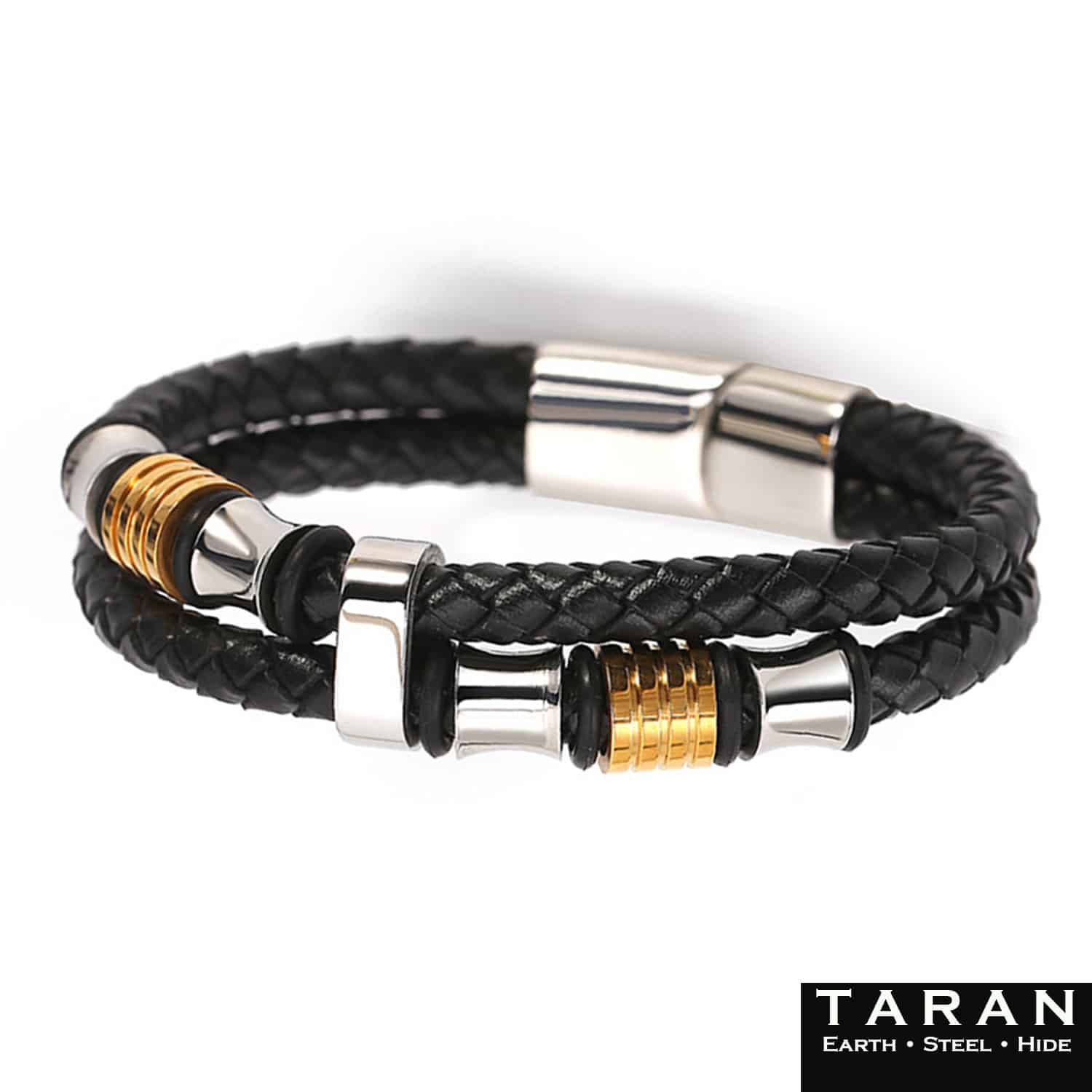 Men's Black Leather Bracelet | Gold & Silver Beads | Taran - Image 3