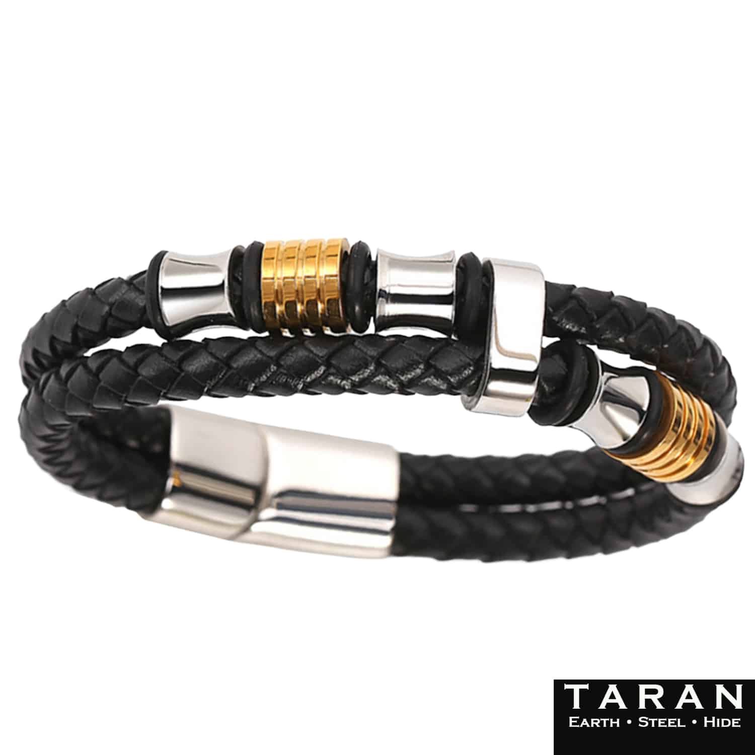 Men's Black Leather Bracelet | Gold & Silver Beads | Taran - Image 4