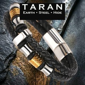 Men's black double strand leather bracelet with gold and silver two tone bead charm and magnetic clasp — Taran-440GS